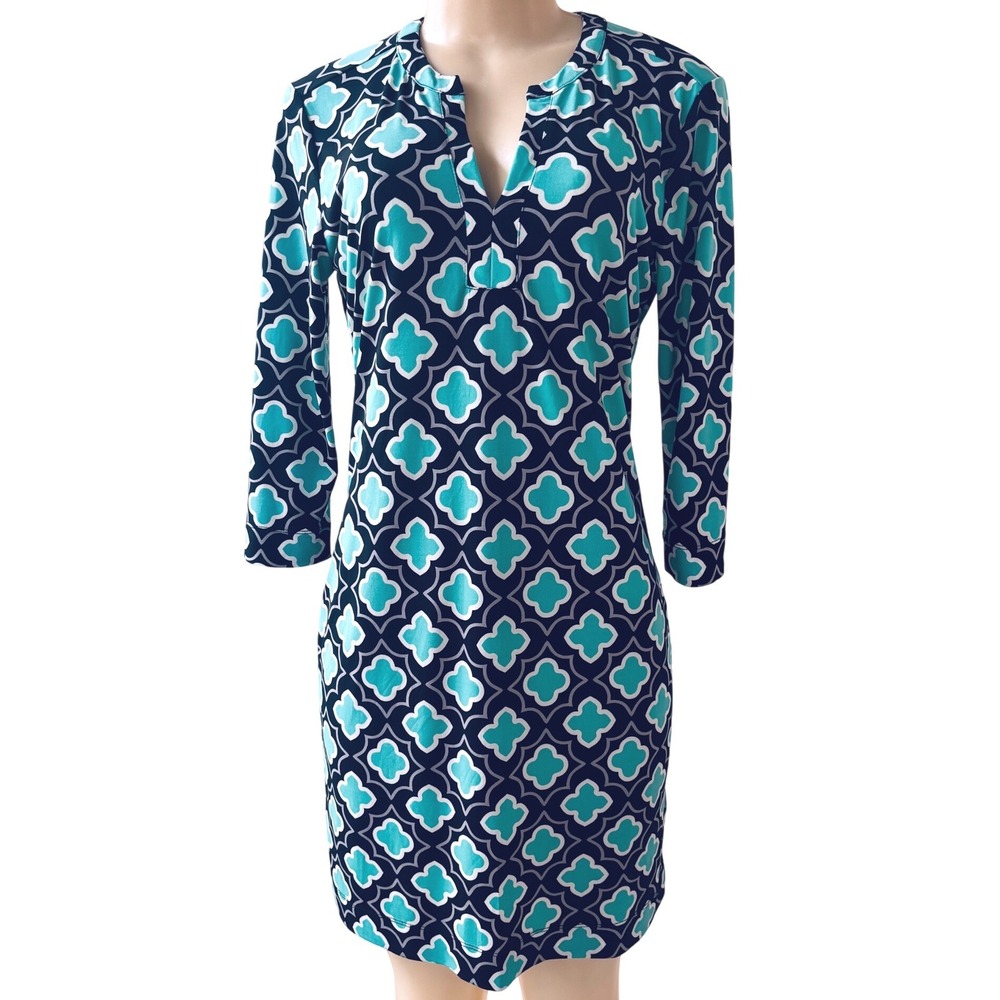 Banana Republic Black /turquoise Geometric Print Shift Dress Small Long Sleeve